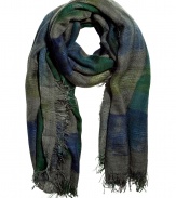 Lush jewel tones and a modernized plaid print cover this cashmere-blend scarf from Faliero Sarti - All-over print, easy to style length, frayed edges - Style with an elevated jeans-and-tee ensemble and a leather biker jacket