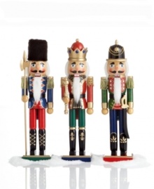 Tell the whole story with a guard, king and soldier nutcracker. Carved in the traditional fashion, each with an accessory, hat and handsome uniform, each adds a bit of holiday grandeur to your mantel, bookshelf or side table.