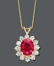 Style fit for a queen. Necklace features a bright red, oval-cut ruby (2-1/5 ct. t.w.) surrounded by sparkling round-cut IGI Certified diamonds (1 ct. t.w.). Crafted in 14k gold. Approximate length: 16 inches. Approximate drop: 3/4 inch.