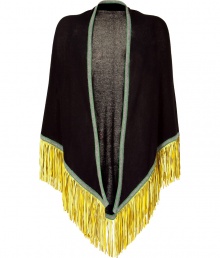 Cover up in ultra-luxe style with this fringed cashmere oversized scarf from Antonia Zander - Large triangle shape, contrast trim, dramatic yellow fringe - Pair with a cocktail-ready frock and heels or with a cashmere pullover and skinny jeans