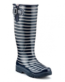 Slim stripes race over these rain boots, a cheery way to beat gloomy weather. By Sperry Top-Sider.