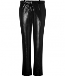 Work a slick accent into your fashion-forward looks with Vanessa Brunos exquisitely edgy coated shiny pants - Side and back slit pockets, zip fly, hidden hook and button closure, belt loops - Slim straight leg - Play with textures and pair with chunky knit pullovers and statement leather accessories