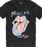 Rock out your wardrobe with this RIFF T shirt featuring the iconography of The Rolling Stones.