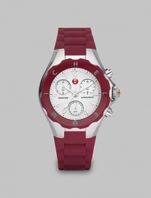 From the Tahitian Jelly Bean Collection. This technical timepiece features a sleek stainless steel case with a sporty silicone strap. Swiss quartz movementWater resistant to 5 ATMRound stainless steel case, 40mm (1.5) Enamel logo bezelWhite chronograph dialNumeric hour markersDate sub-dialSecond hand Merlot red silicone strapImported