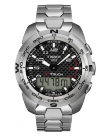 Rugged modern styling distinguishes this multifunctional men's watch from Tissot, with digital read and durable titanium crafting. Silvertone titanium bracelet and round case. Round black dial with red accents, logo, numerical indices and digital window with timer, compass, thermometer, altitude read, alarm and calendar. Quartz movement. Water resistant to 100 meters. Two-year limited warranty.