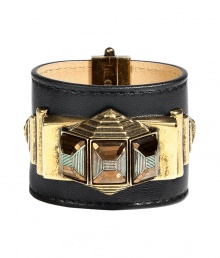 This edgy-cool leather cuff injects trend-right style to your dress up or down ensembles - Leather cuff with brass charm and crystal embellishment - Style with a slinky cocktail sheath and metallic platform sandals