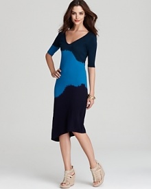 Cut in an asymmetrical silhouette, this casually cool C&C California dress boasts a tie-dye print in bold block colors.