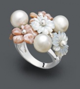 Catch the bouquet every time in this whimsical ring. Pretty pink and white mother of pearl (10-12 mm) and cultured freshwater pearls (7-1/2-8 mm) combine to form a truly feminine look. Crafted in sterling silver. Size 7.