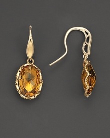 An elegant drop earring from Tacori. Faceted whiskey quartz in an airy yellow gold and silver ruffled-crescent setting. Designed by Tacori.