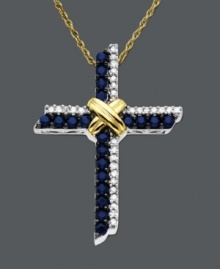 A cross pendant with depth and beauty featuring round-cut sapphire (3/8 ct. t.w.) and diamond (1/10 ct. t.w.) set in 14k gold and sterling silver. Approximate length: 18 inches. Approximate drop: 1 inch.