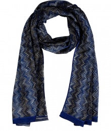 With a shimmer of metallic luster, Missonis tonal blue zigzag knit scarf is a cool way to wear the brands iconic look - Allover metallic shimmer - Wear with a leather biker jacket and matching black accessories