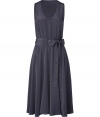 Stylish sleeveless dress in fine grey silk - Elegant, feminine silhouette and on-trend midi cut - Slim bodice and full skirt with soft pleat detail - Round neckline and figure-flattering bow sash belt - A modern and sophisticated must for office, leisure, and casual events - Pair with a cropped leather jacket or long cardigan and pumps