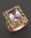 Faceted pink amethyst, framed in peridot and lemon quartz and set in 14K rose gold.