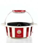 Delicious, fresh popcorn made in the comfort of your home. The unique design features a plastic dome lid that doubles as a serving bowl to minimize mess and motorized stirring rods that pop each kernel evenly for maximum flavor and robust taste. 1-year warranty. Model 13553.