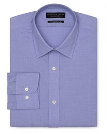 Dress shirt with spread collar, two button barrel cuffs and a slimmer fit through the body, with a blue check pattern.