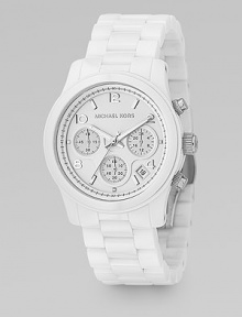 White polished ceramic chronograph with white mother-of-pearl dial. Water-resistant to 5 ATM Round case, 38mm, 1.5 Three sub dials Number and stick markers Date display Second hand Single deployant buckle Imported