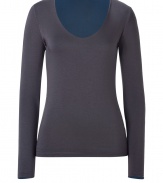 Stylish long sleeve t-shirt in slate and anthracite viscose blend - Flattering scoop neckline reveals contrasting interior color- Feminine fit, hits at hip - Super-soft wardrobe go-to - Wear solo or pair with a cardigan or denim jacket