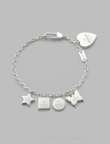 From the Trademark Collection. A classic sterling silver chain loaded with Gucci-engraved sterling silver charms, including a butterfly, heart, square, circle and star. Sterling silver Length, about 8 Charm widths range from about ¼ to ½ Lobster clasp Made in Italy