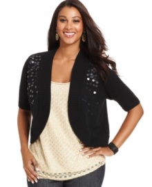 Add sparkle to your look with AGB's short sleeve plus size cardigan, featuring a sequined front!