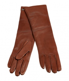 Perfect for pairing with cropped-sleeve coats, Salvatore Ferragamos rich cognac leather gloves are an exquisitely elegant accessory - Silk lined - Pair with a felted wool hat and chic outerwear for an impossibly sophisticated finish