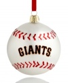 Hit a holiday home run with Kurt Adler's MLB baseball ornament for Giants fans. Red and white glass offers cheer that lasts well beyond the season.