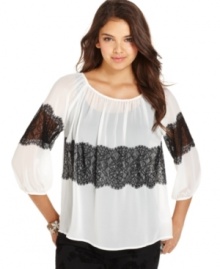 Show your love for lace with this airy three-quarter-sleeve peasant top from BCX! Pair it with a simple tank top and jeans for an effortless casual-chic look.