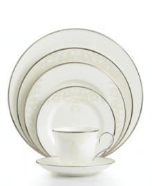 Refine your formal table with classic cream and white. Trimmed in platinum and accented with a raised dot and scroll pattern, the Opal Innocence Scroll 5-piece place settings bring contemporary grace to special occasions. A pearlized finish adds subtle shimmer. Qualifies for Rebate