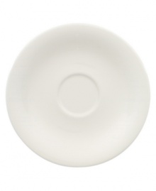 Fresh modern from Villeroy & Boch dinnerware. The dishes in this set are sheer white china in a clean round shape that inspires simply harmonious dining. A soft fluidity and radiant glaze give this after-dinner saucer quiet elegance and lasting appeal.