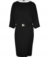 Detailed with a turnlock belt and modern cut dolman sleeves, Emilio Puccis draped sheath is a contemporary take on the Little Black Dress - Round neckline, 3/4 dolman sleeves, wrapped skirt, open back with self-tie closure at nape - Loosely fitted top, fitted skirt - Wear with heels and a dusting of fine jewelry