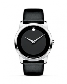 Men's Movado Museum Classic® watch in solid stainless steel with black Museum dial and black calf skin strap.