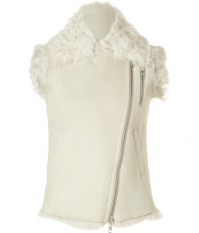 Make a stylish statement in this luxe shearling and suede vest from McQ Alexander McQueen - Large shearling collar, asymmetrical zip closure, zip chest pockets, sleeveless, fitted silhouette, biker silhouette - Wear with skinny jeans, a cashmere sweater, and shearling ankle boots