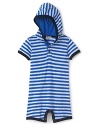 Your little sport will be cozy in this updated shortall–hooded, striped and trimmed for a clean, stylish look.