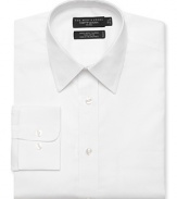 Long sleeve dress shirt with spread collar. Single needle tailoring, angle cut barrel cuffs with two buttons to resize width. Chest pocket. Textured solid white.