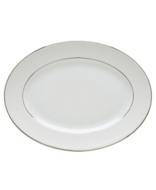 A sweet lace pattern combines with platinum borders to add graceful elegance to your tabletop. The classic shape and pristine white shade make this large oval platter a timeless addition to any meal. From Lenox's collection of dinnerware and dishes. Qualifies for Rebate