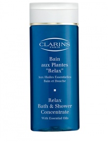 Relax Bath & Shower Concentrate. Relax the body and soften skin. This aromatic cleansing product helps combat stress and fatigue. Rich in natural plant extracts to soothe the senses and help prepare the body for sleep. Calming formula produces a feeling of well-being while neutralizing the drying effects of hard water. 6.8 oz. Imported from France. 