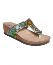 Ornate and comfy, the perfect combination. White Mountain's Bluejay wedge thong sandals are decorated with beaded sequins and feature a walkable wedge heel.