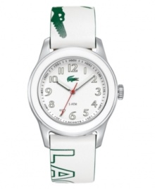 Slip on iconic style with this versatile watch by Lacoste. Logo-embossed white leather strap and round stainless steel case. White dial with numerals and logo. Quartz movement. Water resistant to 30 meters. Two-year limited warranty.