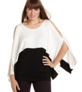 Heat up your look with Cha Cha Vente's cold-shoulder plus size top, featuring a colorblocked pattern.