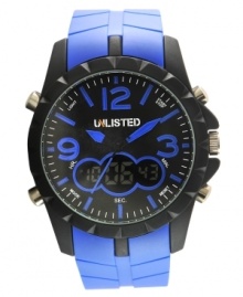 Hit the ground running. Athletic-inspired watch by Unlisted crafted of blue polyurethane strap and round matte black mixed metal case with turning bezel. Black dial features blue numerals and stick indices, minute track, three blue-accented hands, logo and negative display digital dial. Quartz movement. Splash resistant. Two-year limited warranty.