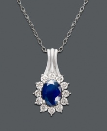 A single drop of beauty to adorn your neckline. A stunning oval-cut sapphire (9/10 ct. t.w.) is surrounded by a luminous ring of round-cut diamond accents. Necklace crafted in 14k white gold with tapered bail. Approximate length: 18 inches. Approximate drop: 1-1/2 inches.