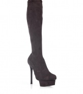 Luxurious boots made ​.​.of taupe suede - Round, slightly accentuated toe - 3 cm (1.2) platform and 13 cm (5.1)  stiletto heel make the boots tall and elegant - Slim, fitted, to the knee shaft - A mix of classy, stylish and luxurious - A hit with skinny jeans, but also with a feminine shift dress