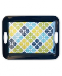 Now starring in casual meals, Jonathan Adler's Hollywood tray pairs retro graphics and happy colors in totally fun and fuss-free melamine.