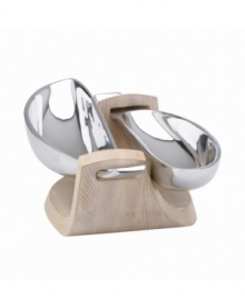 Solid ash and polished aluminum lock and flow together in the modern Torq Metal and White Woods 2-dish server. From the Dansk serveware collection.