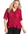 Flaunt your feminine flair this fall with NY Collection's elbow sleeve plus size blouse, accented by ruffled trim.