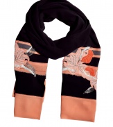 Luxe scarf in sumptuous, 100% pure silk - Lightweight stole style drapes beautifully - On-trend, Deco-inspired coral and black colorway - Elegant orange and pink floral embroidery - Delicate beaded embeliishment - A sophisticated standout and must for accessorizing simple, streamlined looks - Pair with a sheath dress, button down blouse, or style with a biker jacket