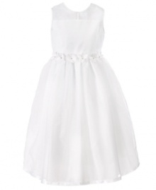 Flowers along the waist and fine satin trim give this white flower girl dress from Jayne Copeland a soft look that will make her glow.