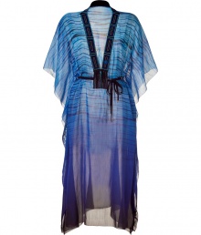 Luxurious caftan of a fine, blue patterned cotton-silk blend - Glamorous and elegant in a slightly transparent style - Features feminine, embroidered V-neckline, batwing sleeves, and flattering waist belt - Fashionable for the beach, at parties or events, with a bikini and thongs, or with flowing pants, tank, and sexy heels