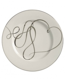 Sweet yet sophisticated, a loopy heart design sweeps across this porcelain charger plate from Mikasa. Complete with a sparkling platinum rim, this flirty ribbon pattern captivates everyone at your dinner table.