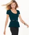 A peplum lends a feminine flair to INC's short sleeve sweater, cinched by a belted waist-- it's a must-have for the season!