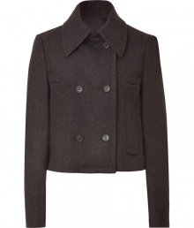 Sleek and sophisticated, this charcoal virgin wool jacket from Michael Kors is both chic and versatile - On trend, cropped double breasted cut with two rows of buttons and long, slim sleeves - Oversize collar and vertical pockets - Jacket hits above the hips - Pair with everything from a tank or button down and skinny jeans to wide leg trousers, pencil skirts and leather leggings